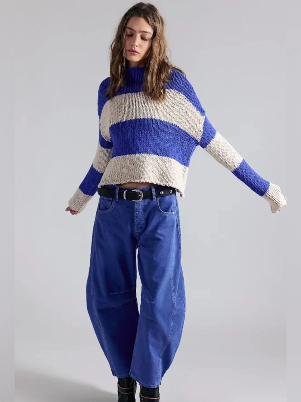 NWT FREE PEOPLE Opal Rollneck Knit Stripe Sweater | Cobalt Combo MSRP $128 M